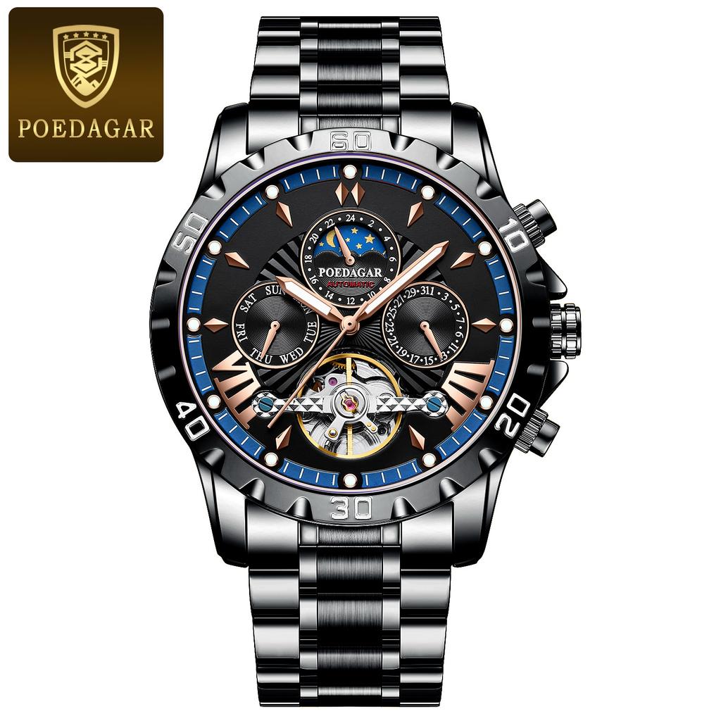 Dual Calendar Men's Fully Automatic Tourbillon Hollow Mechanical Watch Fashionable Waterproof Luminous Moon Phase Dial Men's Business Mechanical Watch