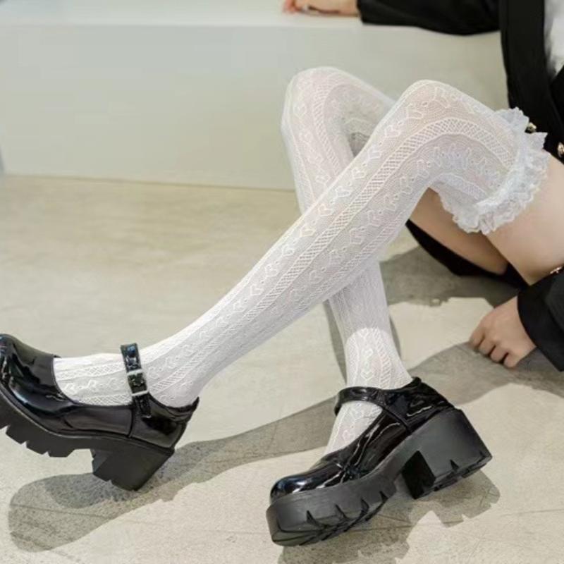 Женские сексуальные кружевные чулки-сетка с сердечками до бедра, косплей горничной, лолита, чулки-сетка, длинные носки