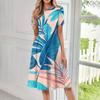 Women's Fashionable Print Round Neck Loose Short Sleeved Pocket Pullover Dress