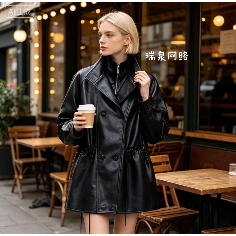ZA Womens 2026 Fashion Mid-Length Double-Breasted Stand Collar Faux Leather Jacket Street Style