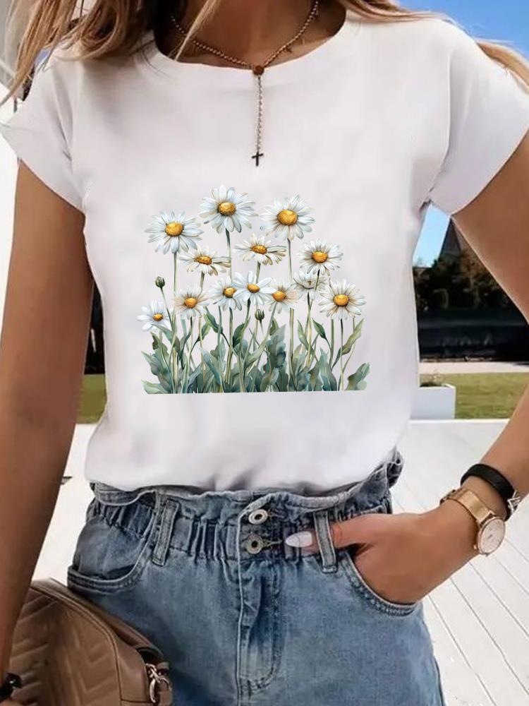 (Asian Size) Short Sleeve T-shirts Clothing Fashion Print T Female Travel Flower Casual Women's Top Graphic Tee