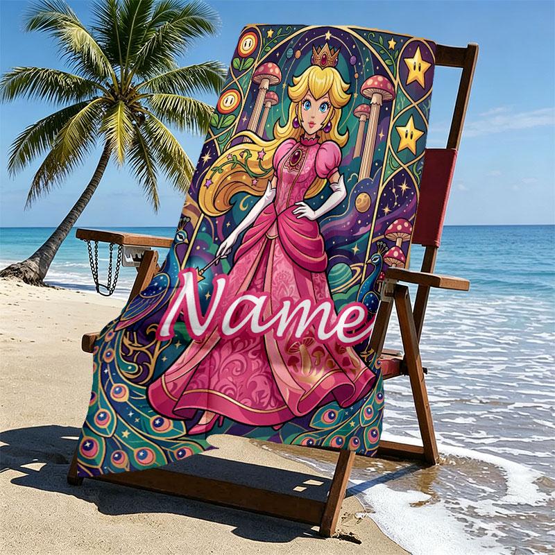 Custom Name Personalized Princess Peach Toadstool Print Beach Towel, for Trip Camping Beach Party Home Decor, Birthday Gift for Family & Friends