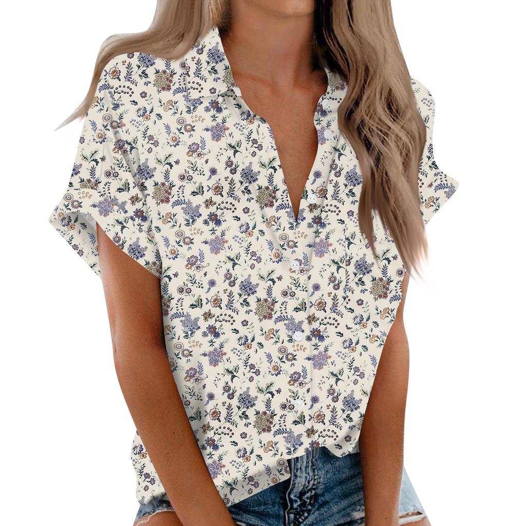 Women's Short Sleeved Shirt, Daily Fashion Printed Button Top, Chest Pocket Cardigan