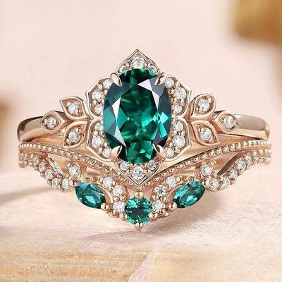 Кольцо-корона принцессы Sanjie из розового золота с изумрудом-каплей и бриллиантом