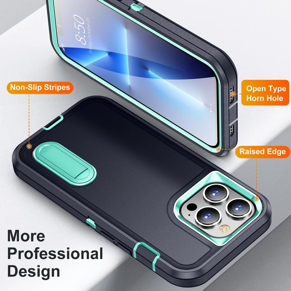 3 In 1 Defend Heavy Armor Holder Shockproof Case for IPhone 16 Pro Max 15 13 14 11 12 Bracket Stand Military Rugged Protective Kickstand Cover