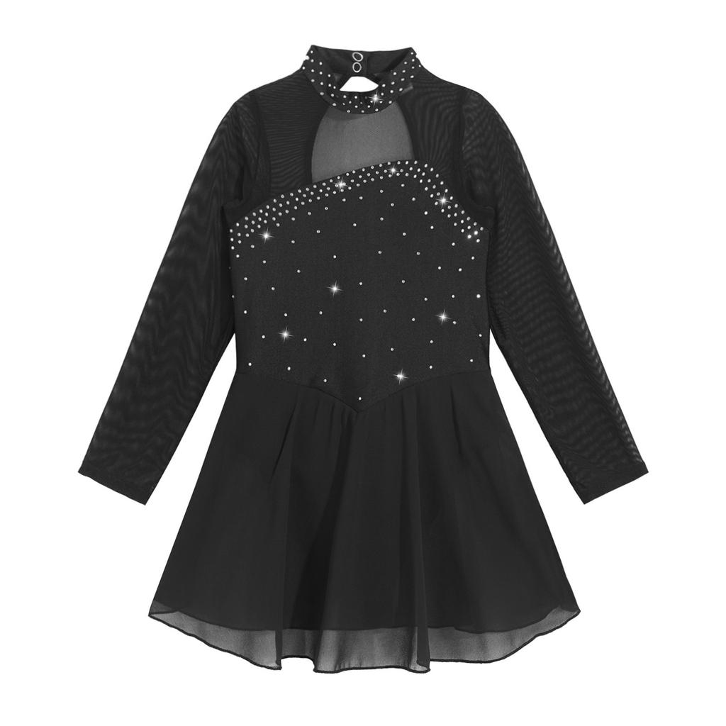 Shiny Rhinestones Dance Leotard for Girls Sheer Mesh Long Sleeves with Keyhole Back Figure Skating Ballet Dress