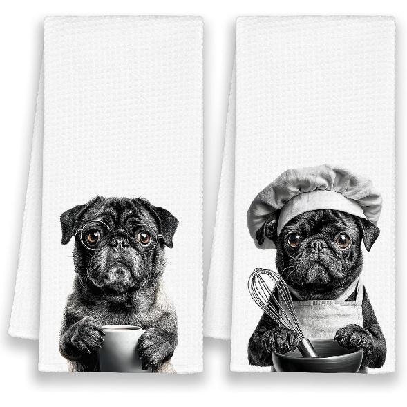 Dog French Bulldog Kitchen Towels, Funny Cute Hand Bathroom Towels Gifts for Dog Lovers Chef, Black and White Retro Tea Dish Towel Decor for Coffee