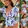 Plus Size Bikini Ruffles One Piece Swimsuit Women Sexy Deep V-Neck Floral Print Bikini Swimwear Beachwear Tankini