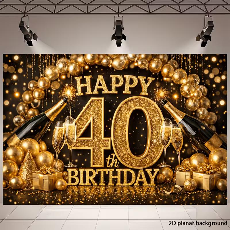 2D 40th Birthday Party Backdrop, Black & Gold Theme with Champagne Bottles for Party Decor