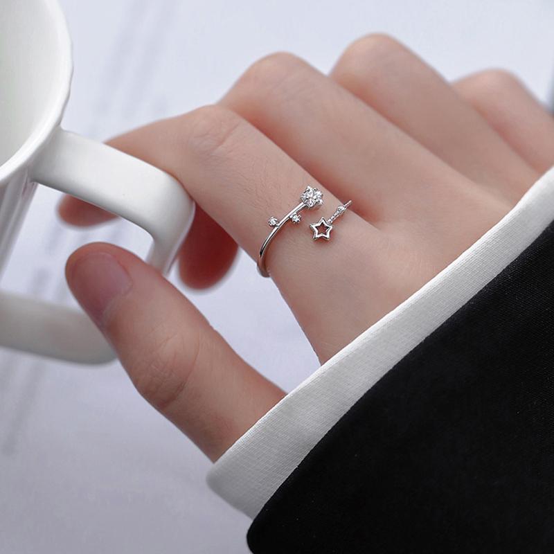 Серебряные полые пятиконечные звездные кольца для женщин в корейском стиле, регулируемое кольцо на палец, инкрустированное цирконием, свадебные украшения