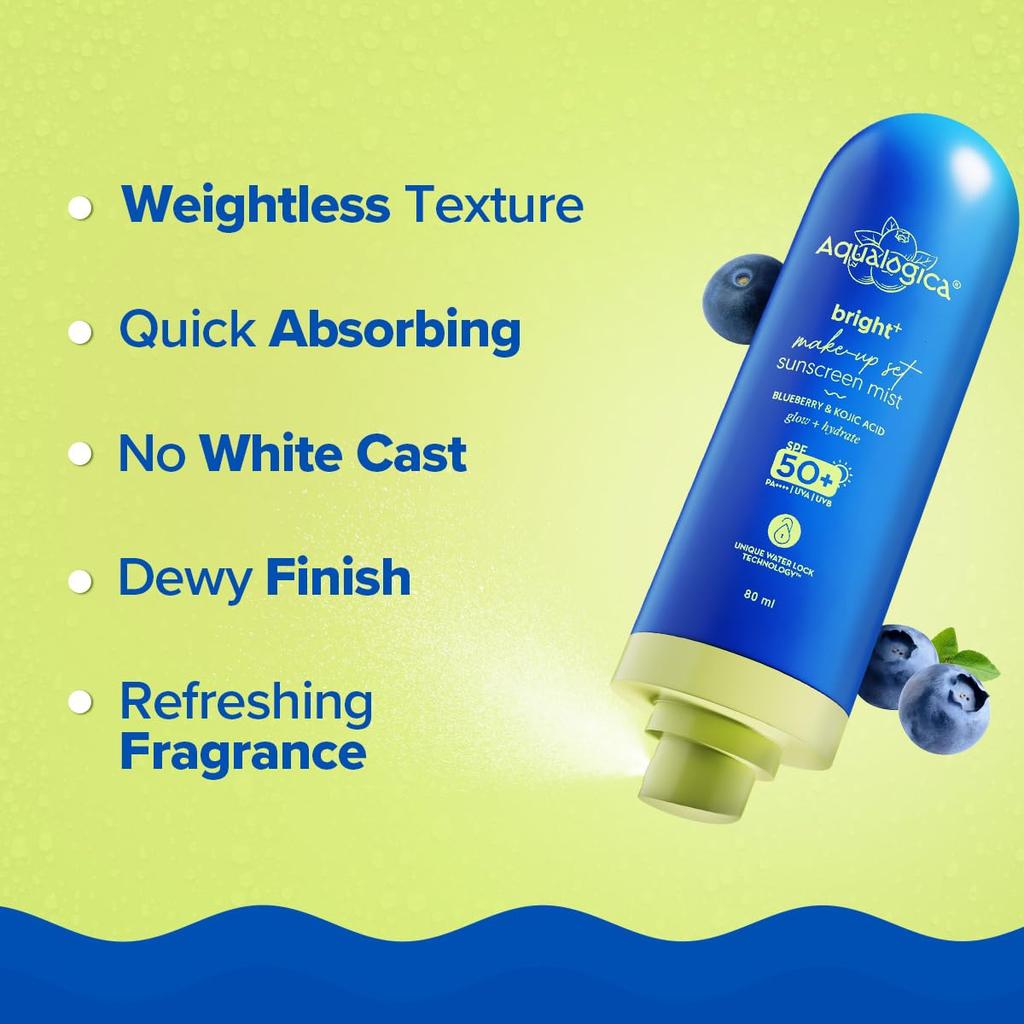 Aqualogica Bright+ Набор для макияжа Солнцезащитный спрей SPF 50+ PA++++ Ультратонкий Быстросохнущий Спрей для фиксации макияжа 80 мл