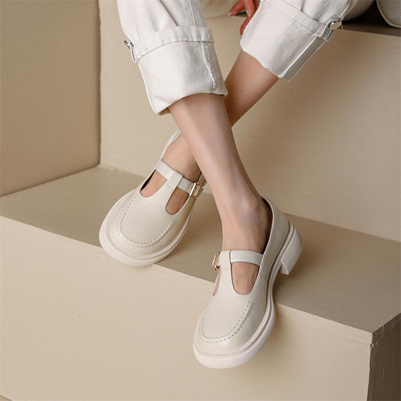 Meotina Туфли из натуральной кожи на плоской подошве с Т-образным ремешком, женская повседневная обувь с пряжкой, модная женская обувь с круглым носком, весенне-осенний цвет бежевого цвета, 40