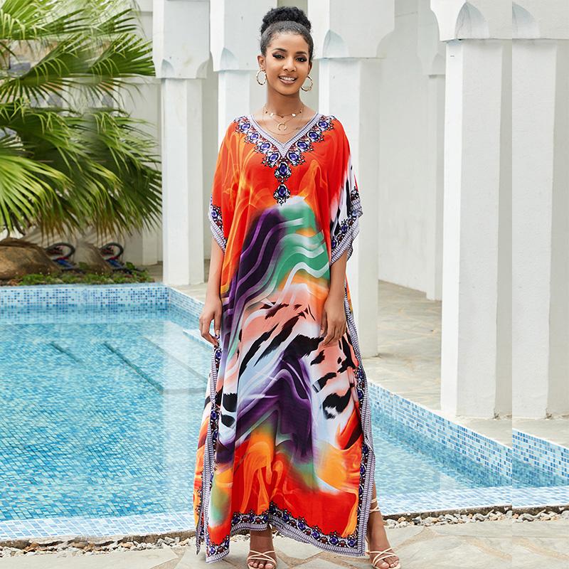 EDOLYNSA Красочное богемное платье-кафтан для женщин с v-образным вырезом, накидка для купания, плюс размер, пляжная одежда с рукавами «летучая мышь», длинный отпускный халат Q841