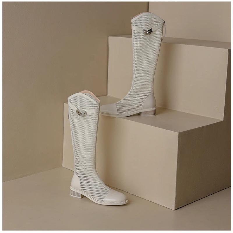 V-mouth Summer Mesh High Boots Women's Breathable Mesh Net Knight Boots Thick Bottom Hollow But Knee Long Cool Boots