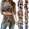 Women Vintage V-neck Loose Tops Long Sleeve Stylish T-shirt With Plaid Casual Design
