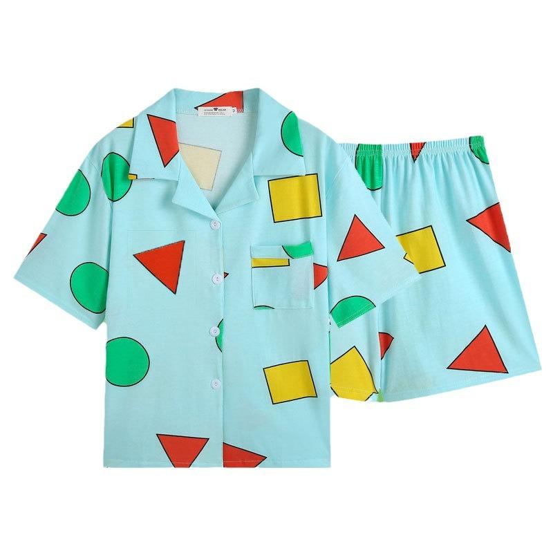 WeChat new short-sleeved pajamas women's summer lapel cute geometric loungewear Japanese and Korean popular shorts set