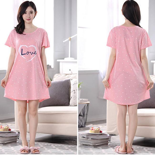 Summer Nightdress Female Cute Sweet Print Short-sleeved Girl Loose Comfortable Soft Mid-length Plus Size Nightdress Ladies Home