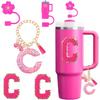 Набор аксессуаров для стакана Stanley 30oz 40oz с ручкой, Включая силиконовый колпачок-насадку для соломинки, Брелок-подвеска на ручку, Наклейка с инициалами, Цвет: Фуксия