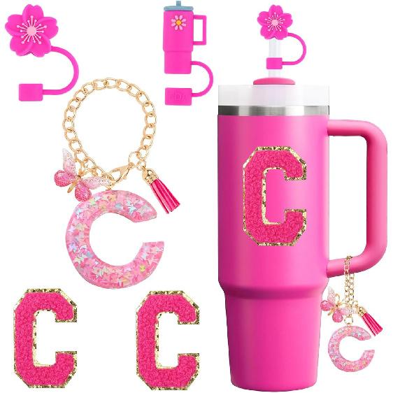 Набор аксессуаров для стакана Stanley 30oz 40oz с ручкой, Включая силиконовый колпачок-насадку для соломинки, Брелок-подвеска на ручку, Наклейка с инициалами, Цвет: Фуксия