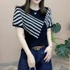 Хлопковая лоскутная полосатая футболка для летней моды Стильный топ с коротким рукавом и круглым вырезом для женщин