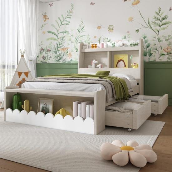 Kids Bed Children Single Storage with Drawers Shelf And Bench Space Wooden Wood 90x200cm Frame Slatted Made of Wood White Oak Color (Without