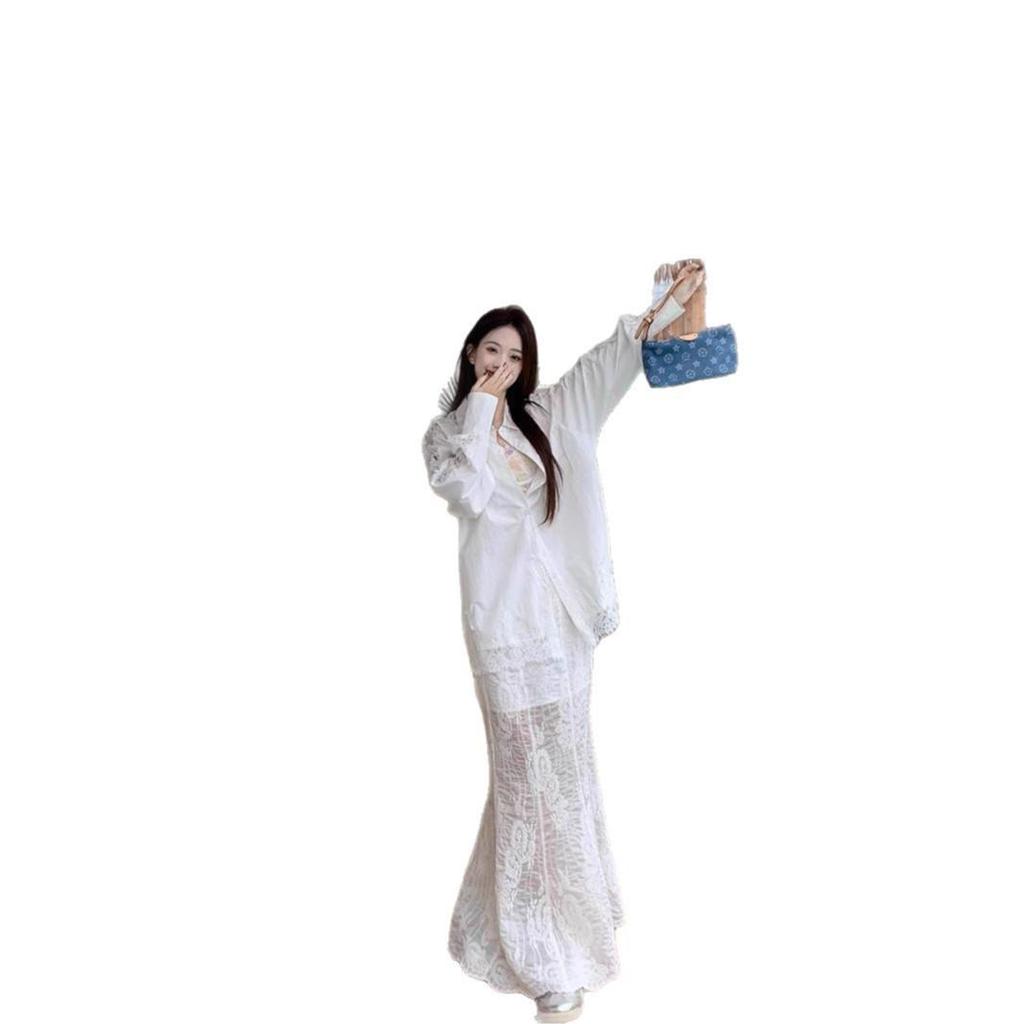 Korean Lace Long-Sleeved Shirt with Suspenders & White Fishtail Maxi Skirt - Women's Three-Piece Set for Spring/Summer 2025