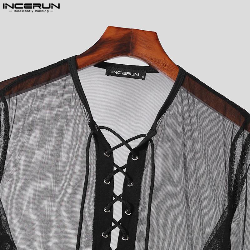 INCERUN Мужские прозрачные топы на шнуровке с длинными рукавами и клубной одеждой