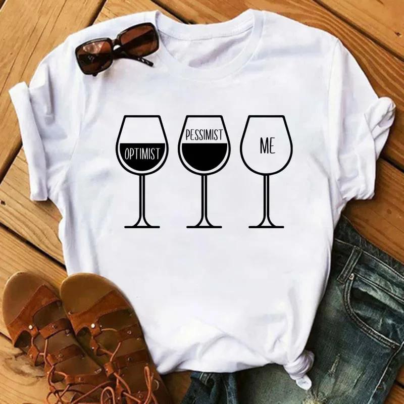 Funny Wine Glass Print T-Shirt Women's Round Neck Short Sleeve T-Shirt Casual Women's Camisole Fashion