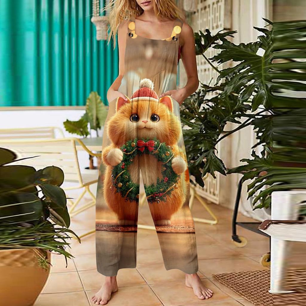 Женский повседневный комбинезон с рождественским принтом, хлопковый комбинезон без рукавов с принтом