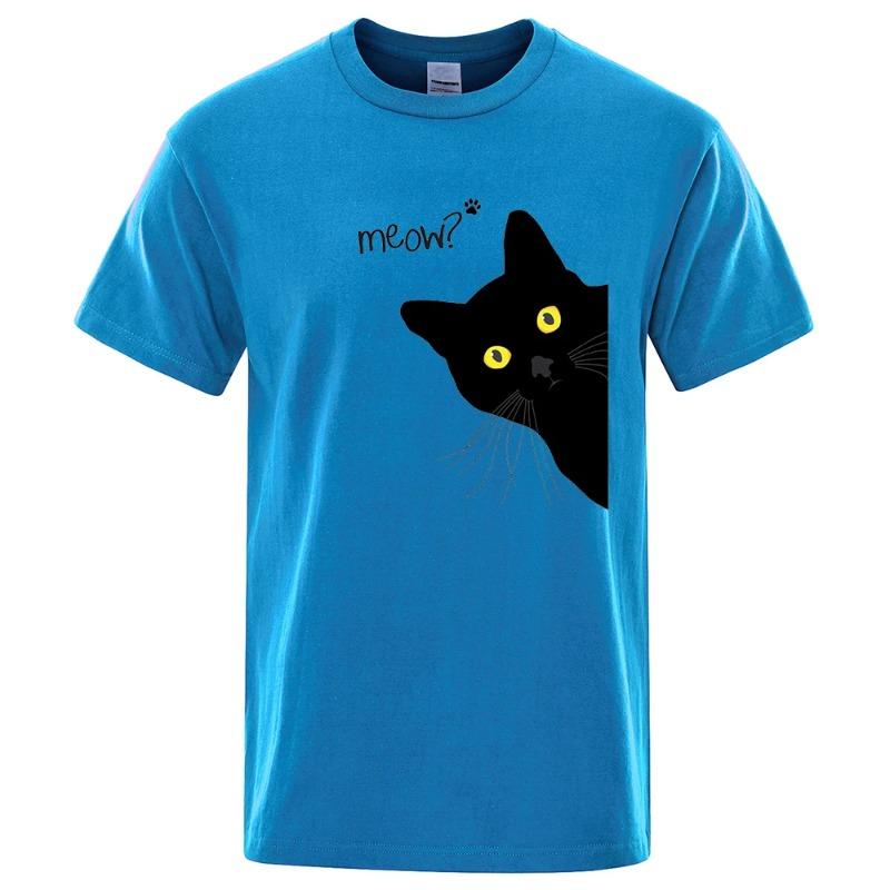 Meow Black Cat Funny Printing Men T-Shirts Breathable Tee Clothes Summer Streetwear Tops Oversized Loose Cotton Short Sleeve T-Shirts Men’s