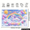 2D flat unicorn birthday party banner background  rainbow sun element  cloud blue sky design  unicorn leaping over rainbow shape