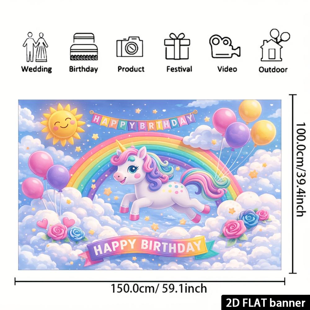 2D flat unicorn birthday party banner background rainbow sun element cloud blue sky design unicorn leaping over rainbow shape