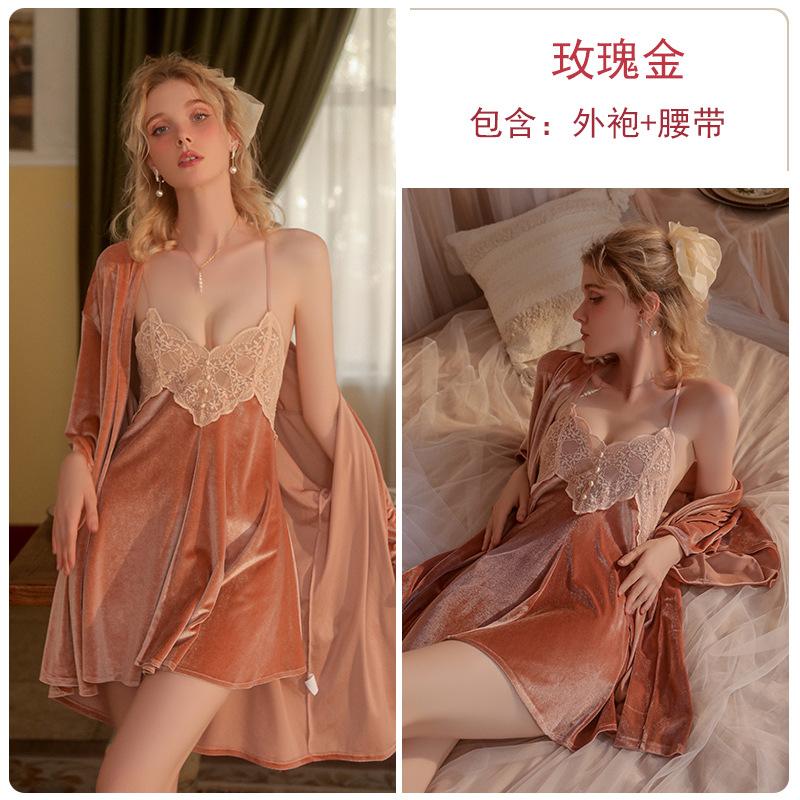 Women's Velvet Low Cut Backless Cami Sleep Dress with Tie Robe Lounge Set