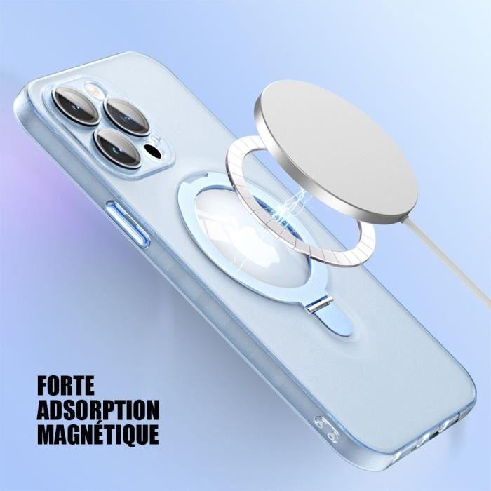 Coque pour iPhone 15 Pro Max, Antichoc Rigide avec Support Anneau Magnétique Réglable et Protection Caméra - Translucide Bleu