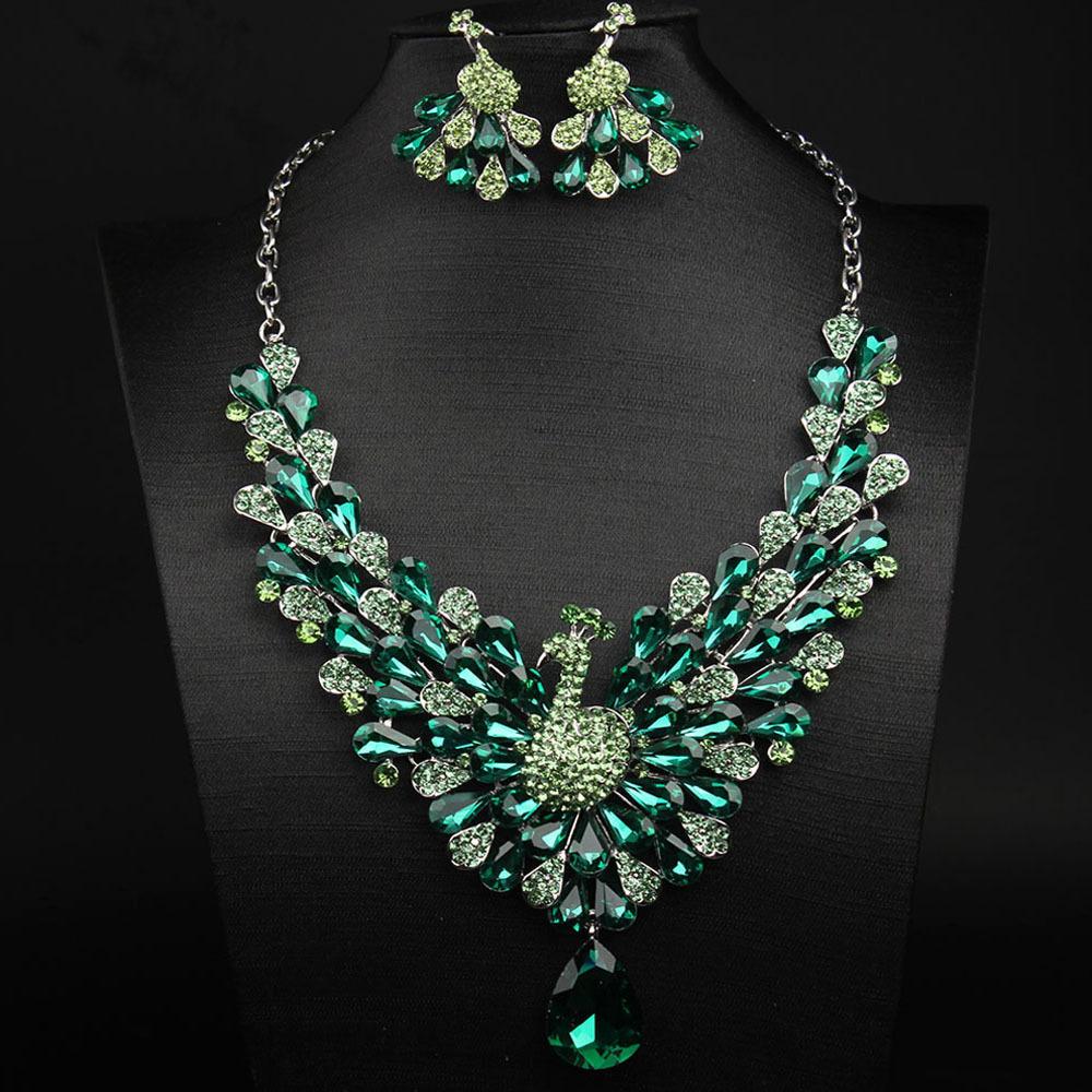 New 7-color Full Diamond Super Flash Peacock Necklace Earrings Set Femininity Banquet Dress with Accessories 2026