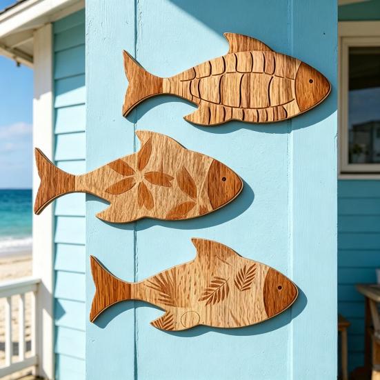 3Pcs/Set Bathroom Fish Wall Decoration, Rustic Wooden Fish Wall Art Sculpture, Nautical Wall Hanging Ornament for Beach Lake House