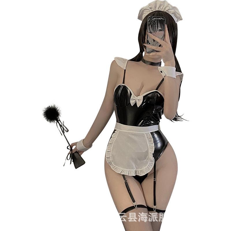 Сексуальное нижнее белье из искусственной кожи, двухмерная лакированная кожа для горничной и няни, открытая промежность, комбинезон, униформа, костюм для женщин