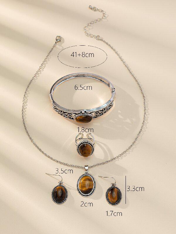 Европейско-американский этнический стиль набор украшений: Ожерелье из тигрового глаза, серьги, кольцо, браслет