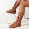 New Roman Sandals Women Summer Outside Round Toe Open Toe Cutout Metal Belt Buckle Back Zipper Tall Boots