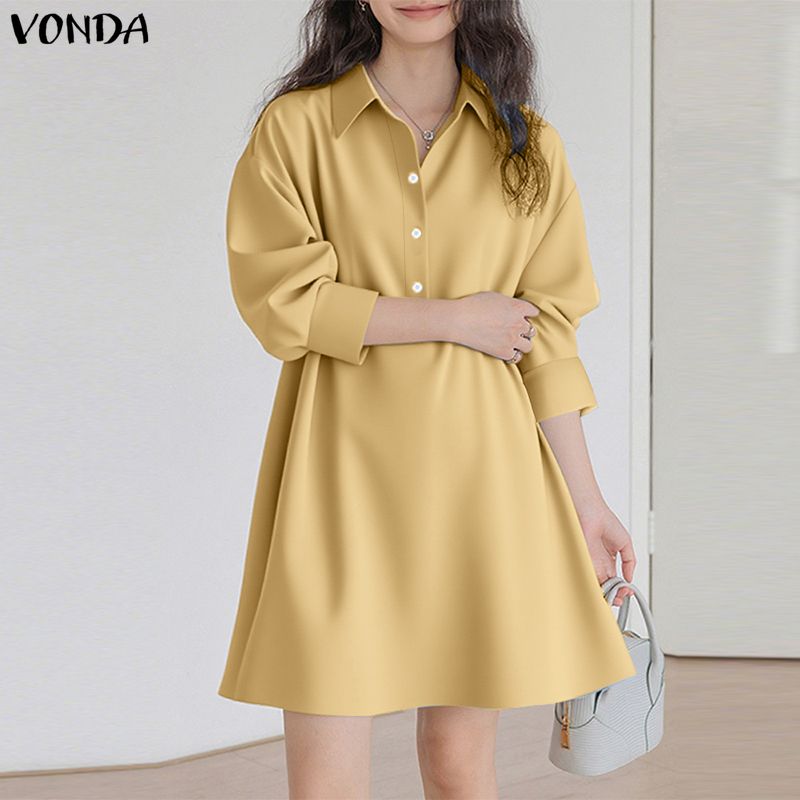 VONDA Женское повседневное мини-платье-туника с лацканами, длинными рукавами и застежкой на пуговицы