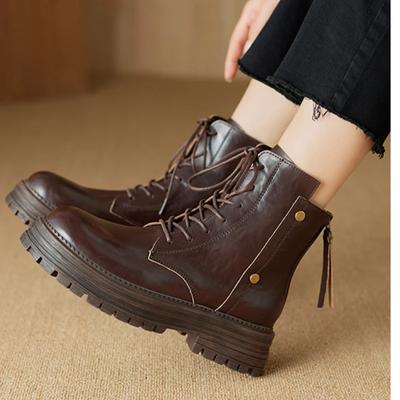 Уличная женская обувь Женские ботинки из натуральной кожи Осенне-зимние теплые женские ботинки с молнией сзади Ретро плиссированные мотоциклетные ботинки