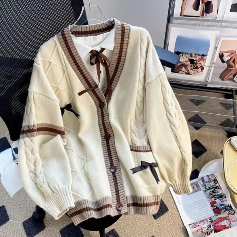Милые вязаные кардиганы с бантом Y2k эстетичные все сочетающиеся контрастные цвета пальто модные однобортные женские свитера Kawaii JK джемперы