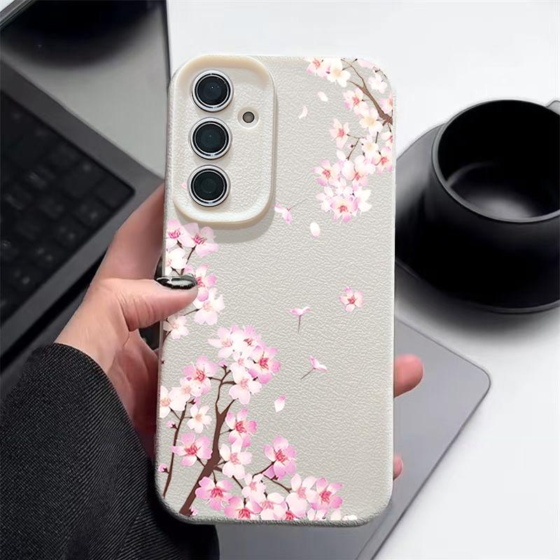 Розовые Цветы Персика Цветочный Чехол Для Samsung S26 S25 S24 Ultra S23 S22 S21 FE A15 A16 A17 A26 A35 A36 A37 A54 A55 A56 A57 5G Чехол с Текстурой Кожи