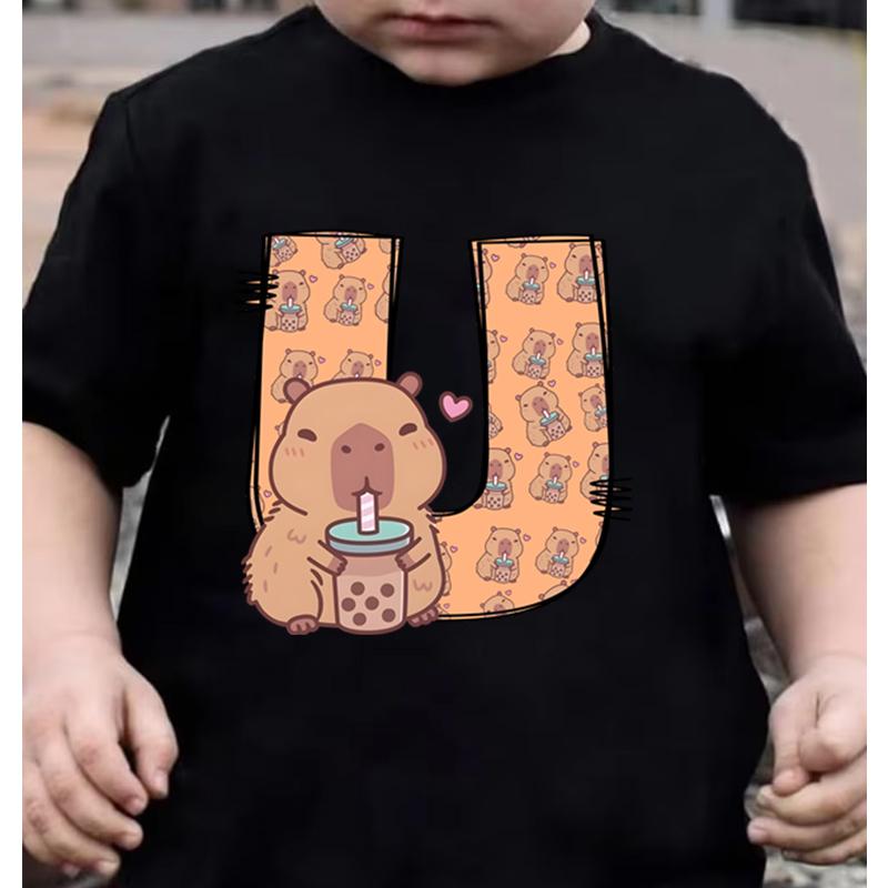 26 Capybara Alphabet Print Kids Tshirt Casual Funny Birthday Gift T Shirt Clothes Short Sleeve Y2K Tops Girls Boys Cotton Tee