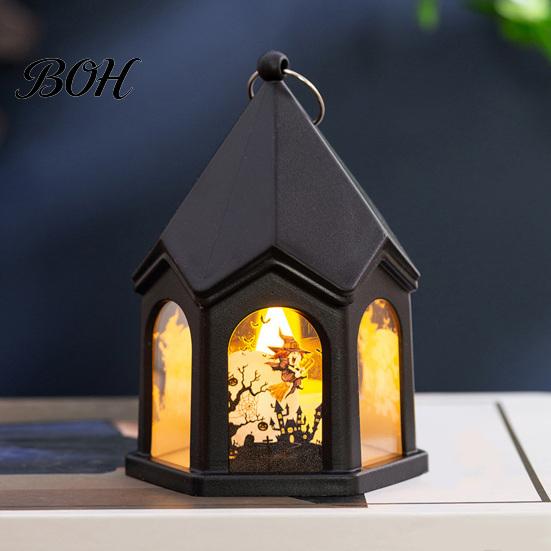 Witch And Ghost Stickers Halloween Pumpkin Lantern, Gothic House Shape LED Flickering Candle Light Portable Hanging Lamps for Party, Spooky