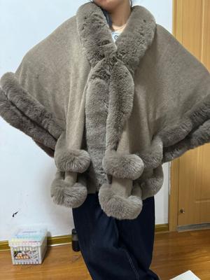 2024 Женская 2-х круговая накидка с длинным искусственным мехом кролика, накидка-пончо, зимняя свободная толстая теплая шаль, верхняя одежда, вязаный плащ, пальто