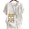 Cute Print Women's Cotton Linen Casual Tee with Round Neck and Short Sleeves Button Decoration S-5XL