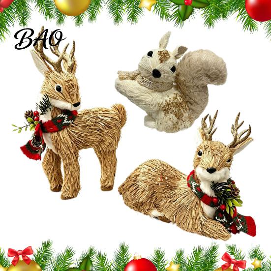 Forest Atmosphere Party Supplies Handmade Straw Deer/Squirrel Christmas Ornaments with Scarf, Retro Pastoral Style Natural Fiber Rustic Animal