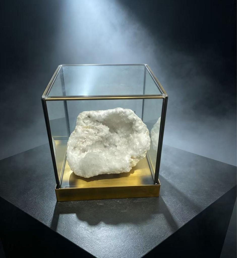 High quality natural moroccan white quartz geode with copper-border glass display box mineral specimen home office decor