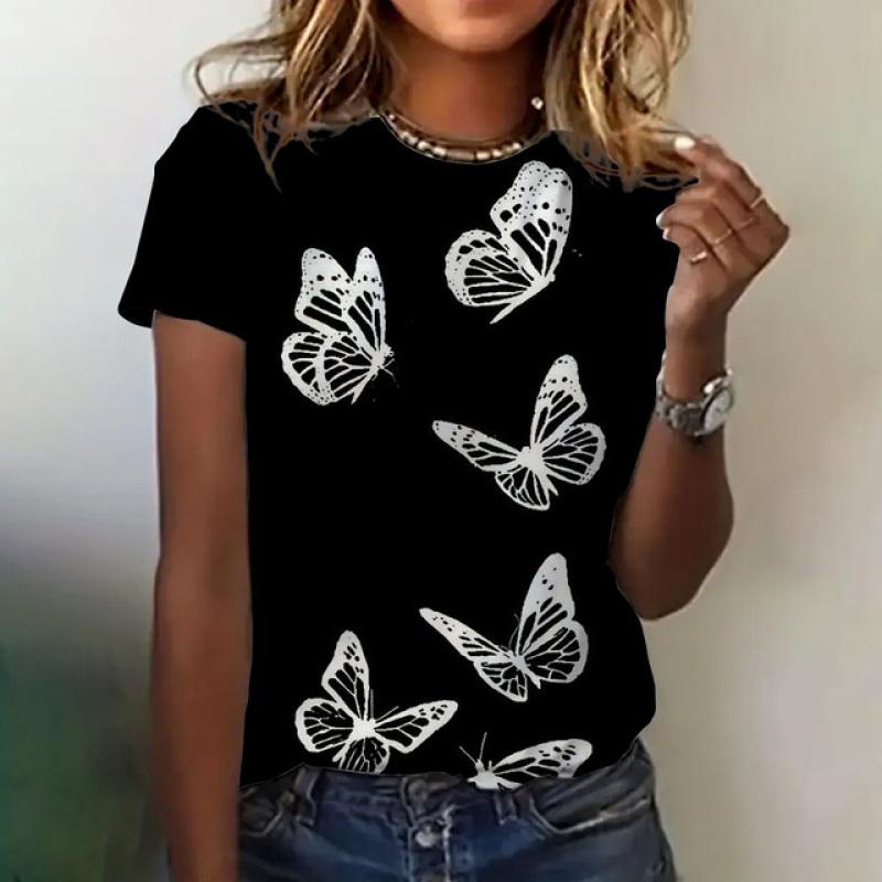 Women's Clothing T-shirt Crew Neck Fashion Short Sleeve Summer Casual Top 3D Butterfly Print Loose Breathable Women's T-shirt